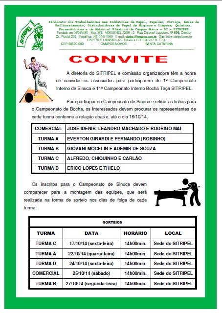 Convite Campeonato Interno de Bocha e Bilhar