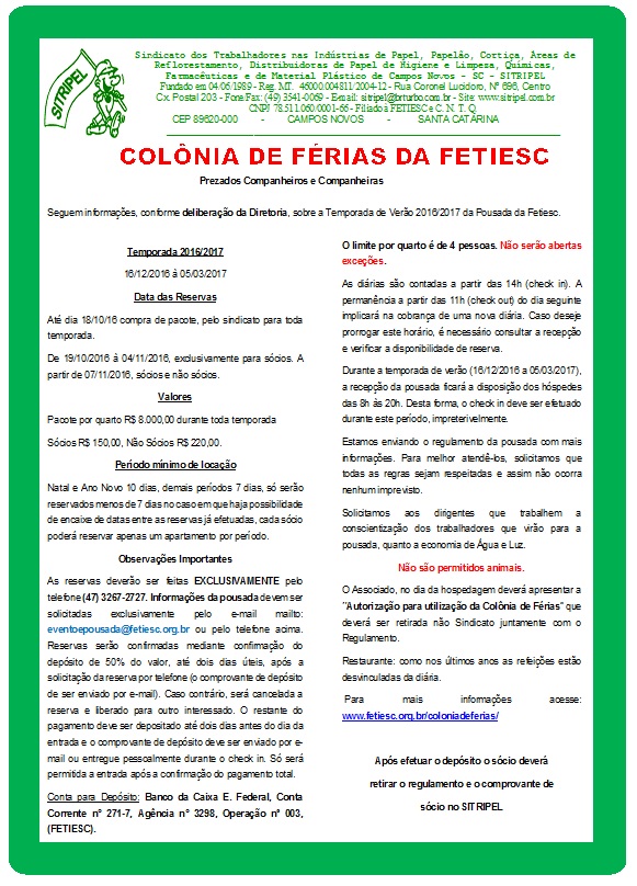 TEMPORADA DA COLÔNIA DE FÉRIAS DA FETIESC