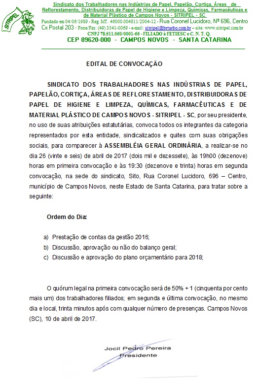 EDITAL DA ASSEMBLEIA GERAL ORDINÁRIA DE PRESTAÇÃO DE CONTAS DO SITRIPEL