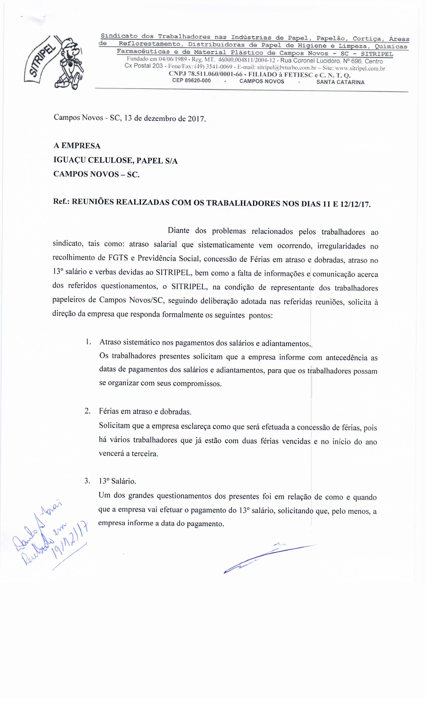 SITRIPEL PROTOCOLA OFICIO NA EMPRESA IGUAÇU CELULOSE PAPEL S/A - UNIDADE DE CAMPOS NOVOS