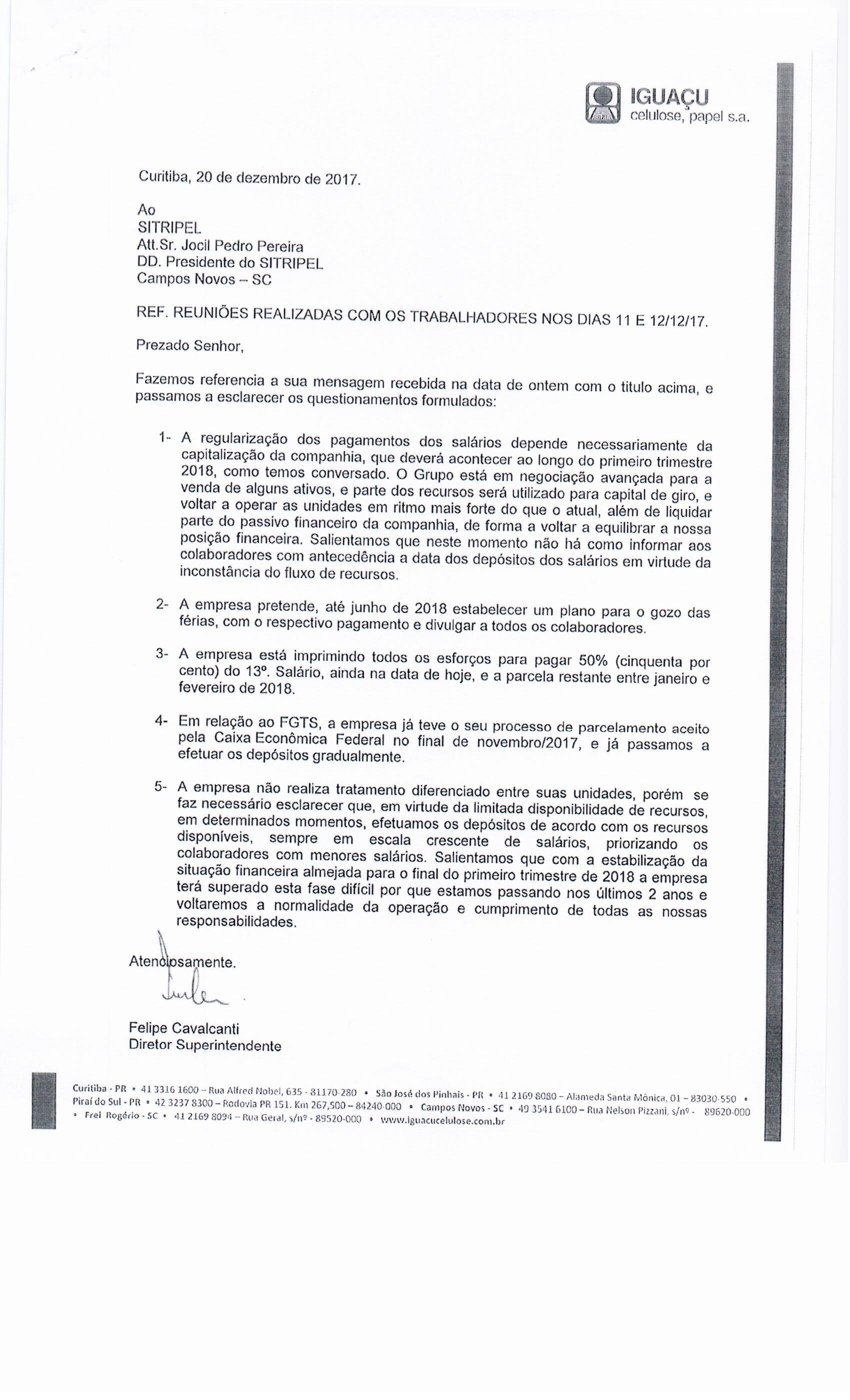 OFICIO DE RESPOSTA DA DIREÇÃO DA EMPRESA IGUAÇU AOS QUESTIONAMENTOS DOS TRABALHADORES 