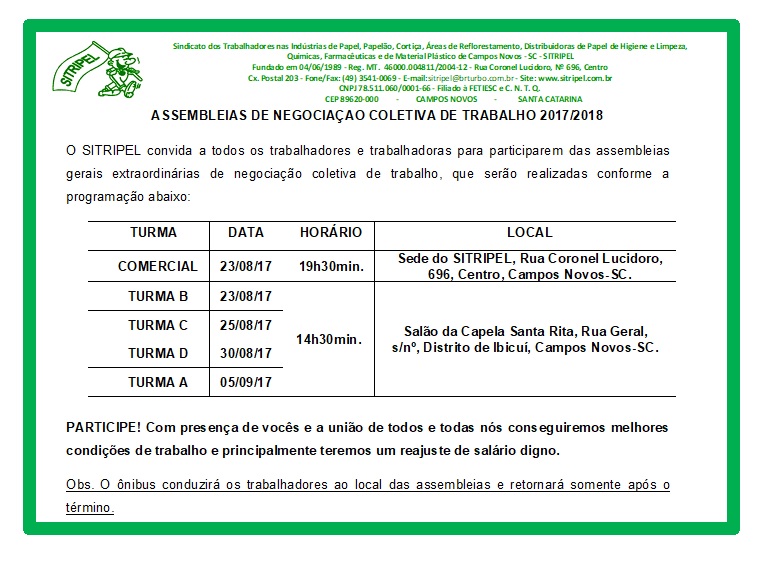 ASSEMBLEIAS DE NEGOCIAÇÃO COLETIVA DE TRABALHO 2017/2018
