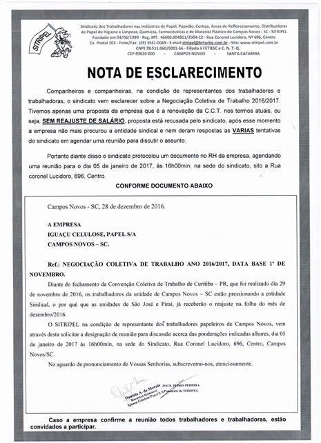 NOTA DE ESCLARECIMENTO ACERCA DA NEGOCIAÇÃO COLETIVA DE TRABALHO 2016/2017