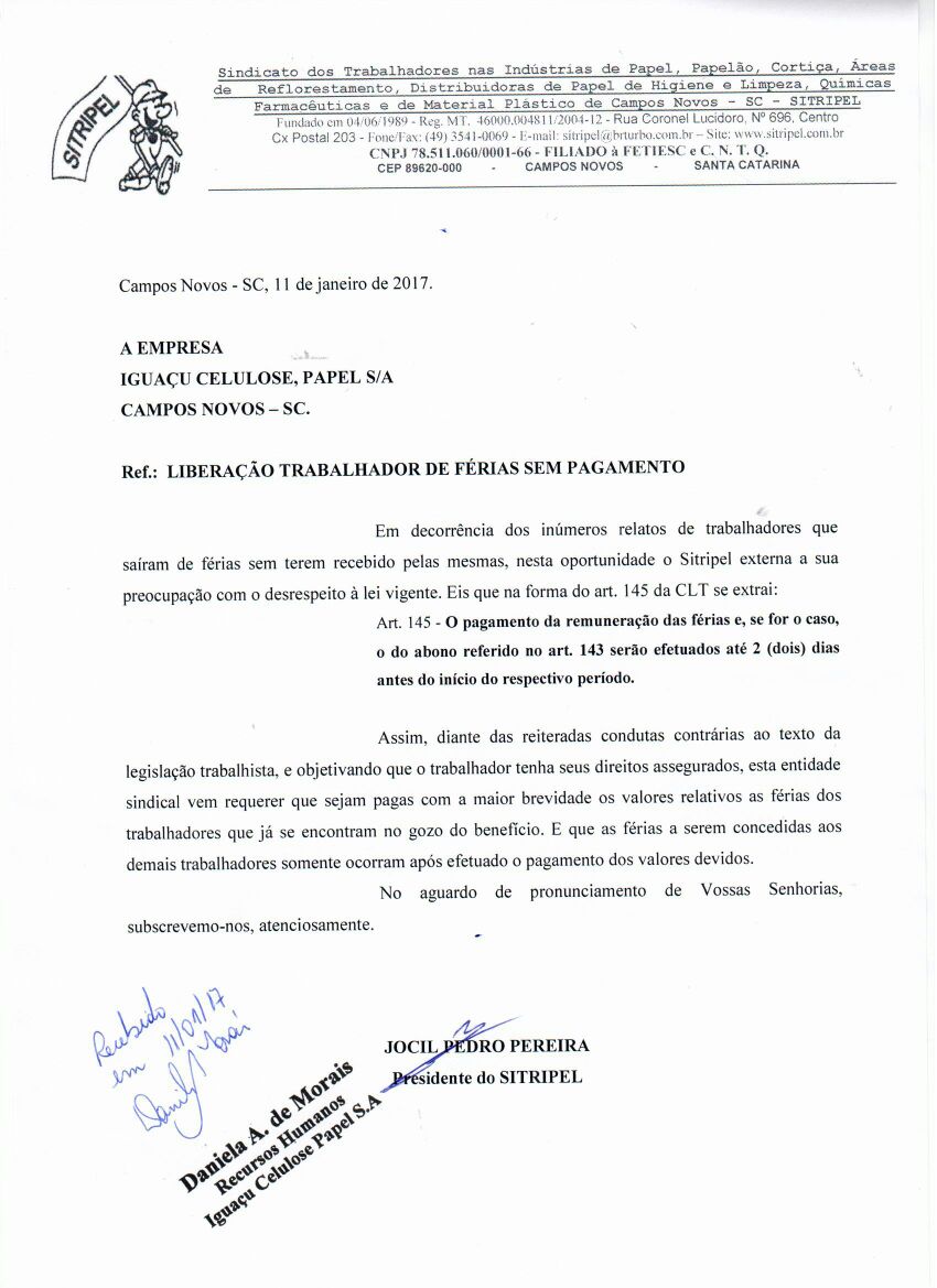 SITRIPEL PROTOCOLA DOCUMENTO NO RH DA EMPRESA IGUAÇU - UNIDADE DE CAMPOS NOVOS/SC, DECORRENTE A LIBERAÇÃO DE TRABALHADORES DE FÉRIAS SEM O PAGAMENTO